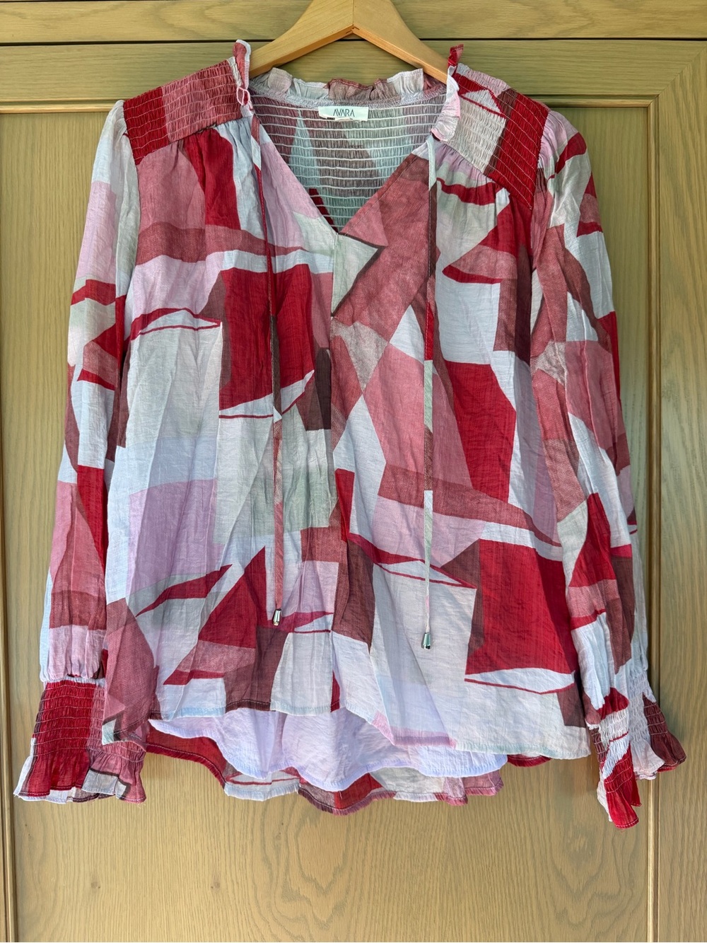 Avara Tie-Front Geometric Print Peasant Blouse Smocked Bodice/Cuffs Large